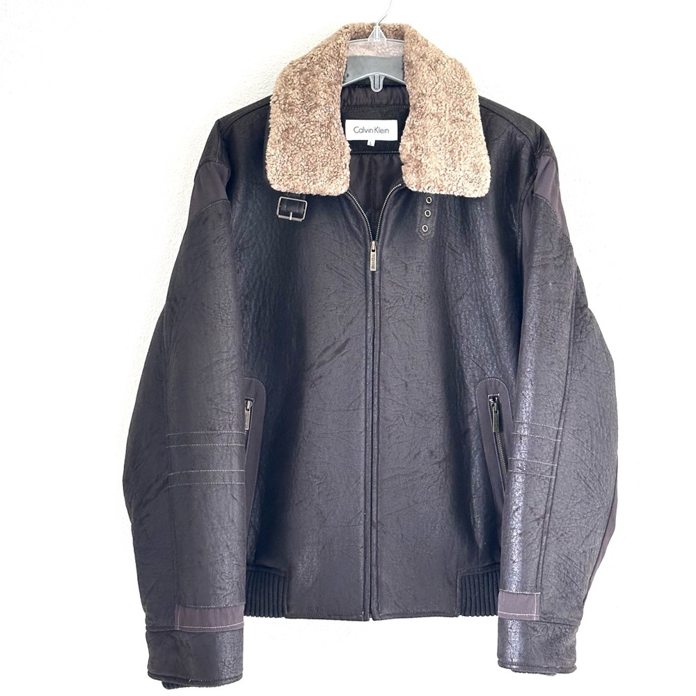 Vintage Calvin Klein Men's Brown Aviation Bomber Jacket with Shearling Collar